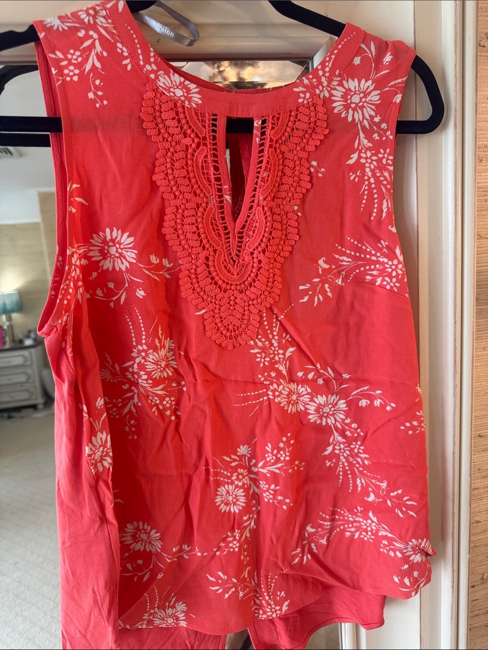 Daniel Rainn Coral Sleeveless Floral Crochet-Trim Tank